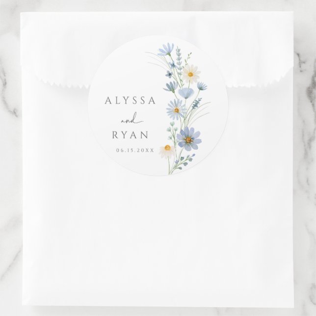 Dusty Blue Sage Wildflower Meadow Wedding Classic Round Sticker (Bag)