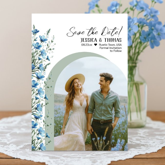 Dusty Blue & Sage Wildflowers Arch Photo Wedding Save The Date (Creator Uploaded)