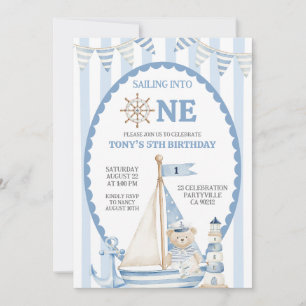 Dusty Blue Sailing Into One Sailor Birthday Invitation