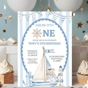 Dusty Blue Sailing Into One Sailor Birthday Invitation