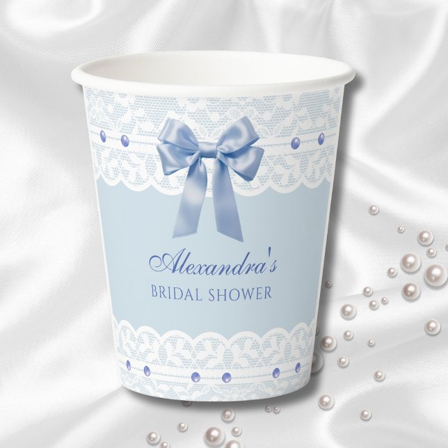 Dusty Blue Satin Bow Regency Lace Bridal Shower Paper Cups (Creator Uploaded)