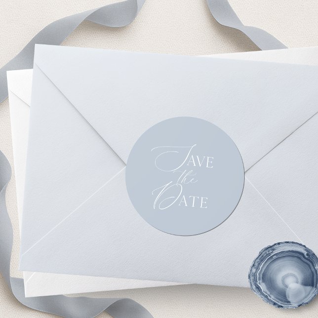 Dusty Blue Save The Date Script Wedding  Classic Round Sticker (Creator Uploaded)