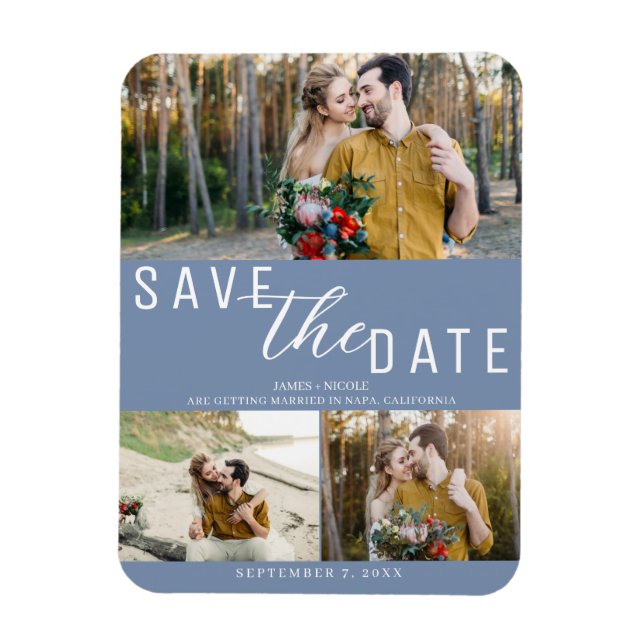 Dusty Blue Save the Date Wedding 3 Photos Magnet (Vertical)
