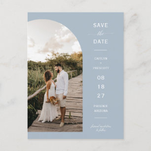 Dusty Blue Script Arch Photo QR Code Save the Date Postcard
