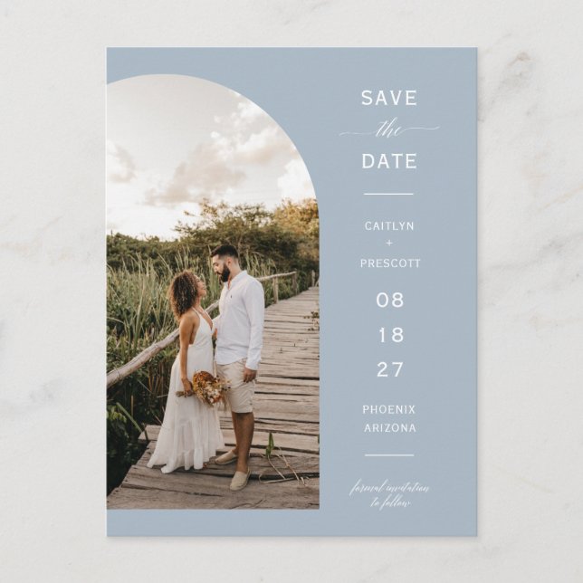 Dusty Blue Script Arch Photo QR Code Save the Date Postcard (Front)