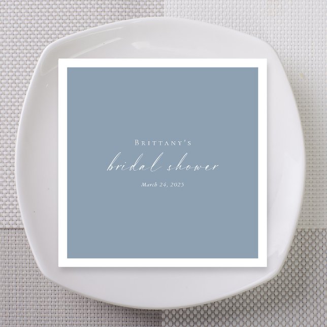 Dusty Blue Script Bridal Shower Napkin (Dusty Blue Script Bridal Shower Napkins with Name and Date)