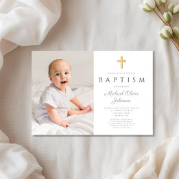 Dusty Blue Script Cross Boy Photo Baptism Invitation