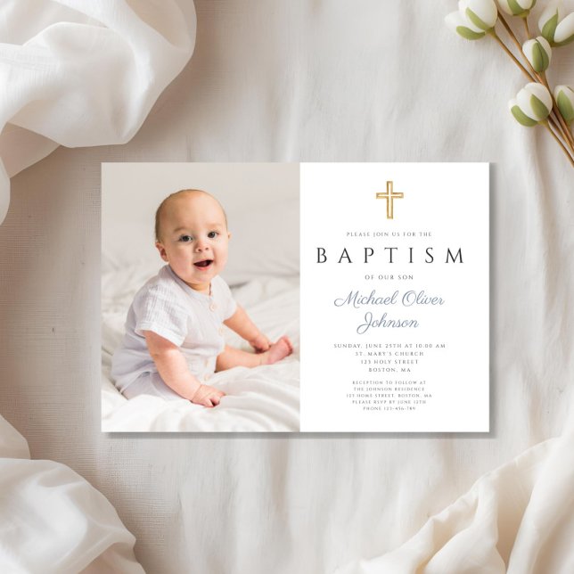 Dusty Blue Script Cross Boy Photo Baptism Invitation (Dusty Blue Script Cross Boy Photo Baptism Invitation)