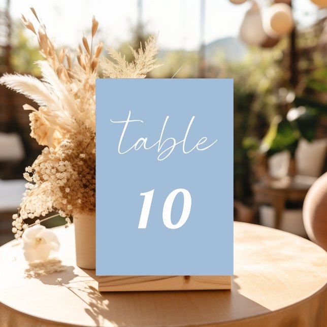 Dusty blue script elegant minimalist wedding table number (Creator Uploaded)