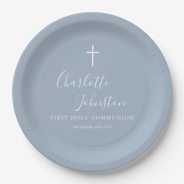 Dusty Blue Script First Holy Communion Paper Plate (Front)
