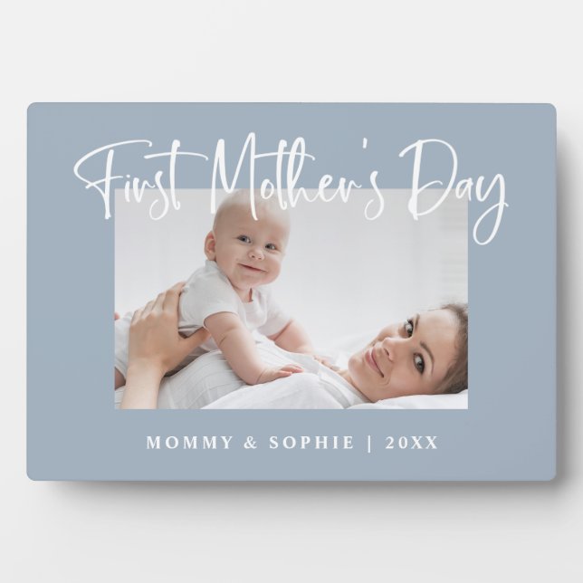 Dusty Blue | Script First Mother's Day Photo Plaque (Front)