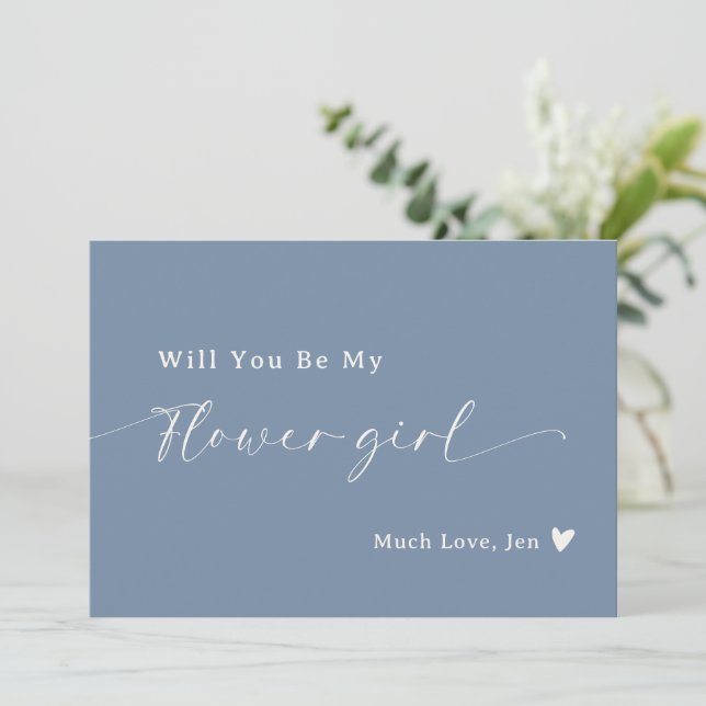Dusty Blue Script Flower Girl Proposal Card (Standing Front)