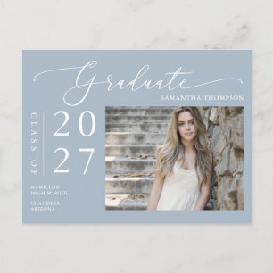 Dusty Blue Script Graduate Announcement Photo Postcard