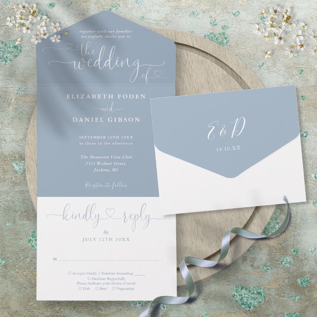 Dusty Blue Script Hearts Minimalist Wedding All In One Invitation (Dusty Blue Script Hearts Minimalist Wedding All In All In One Invitation)