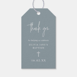 Dusty Blue Script Minimal Baptism Thank You Gift Tags