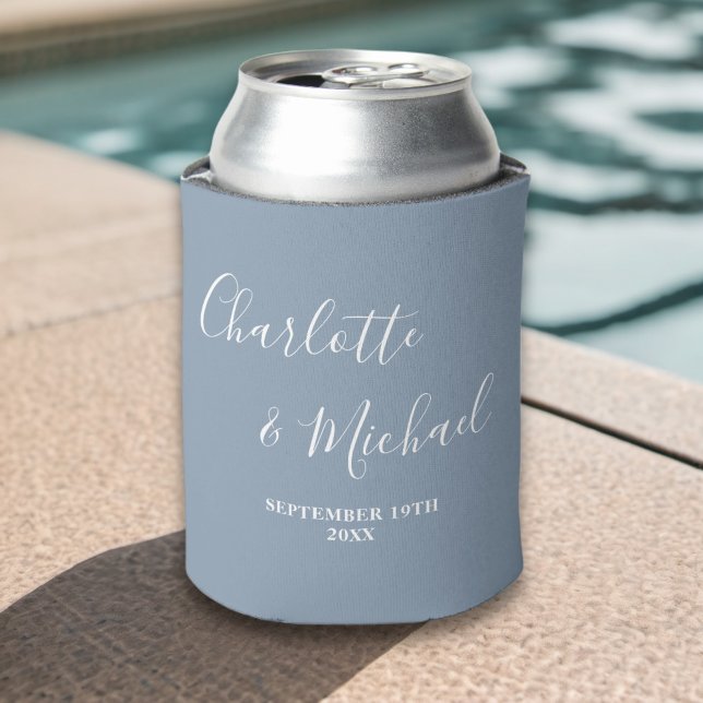 Dusty Blue Script Minimalist Wedding Can Cooler (Creator Uploaded)