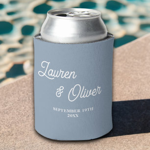 Dusty Blue Script Minimalist Wedding Can Cooler