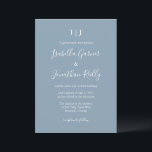 Dusty Blue Script Modern Monogram Elegant Wedding Invitation<br><div class="desc">This wedding invitation features the couple's initials as a monogram at the top,  their names in flowing script,  and all the wedding details in clean white lettering on a soft dusty blue background. Simple,  romantic,  and timeless — a great fit for a garden,  outdoor,  or classic venue wedding.</div>