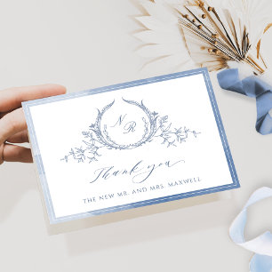 Dusty Blue Script Monogram, Watercolor Wedding Th Thank You Card