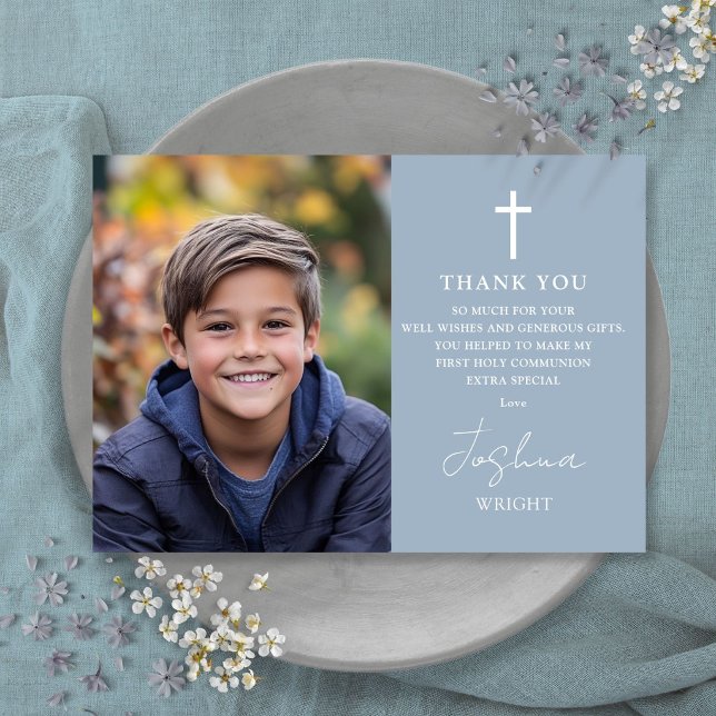 Dusty Blue Script Photo First Holy Communion Thank You Card (Creator Uploaded)