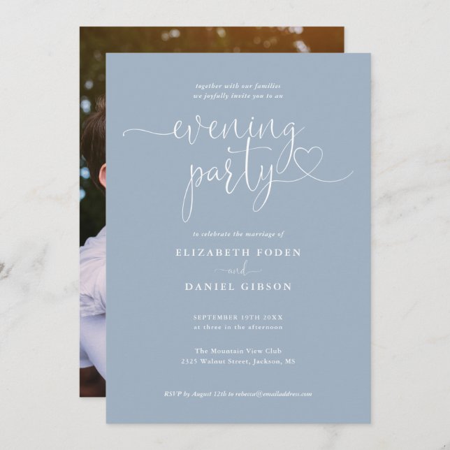 Dusty Blue Script Photo Wedding Evening Party Invitation (Front/Back)