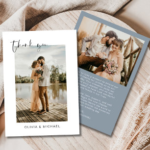 Dusty Blue Script Photo Wedding Thank You Card