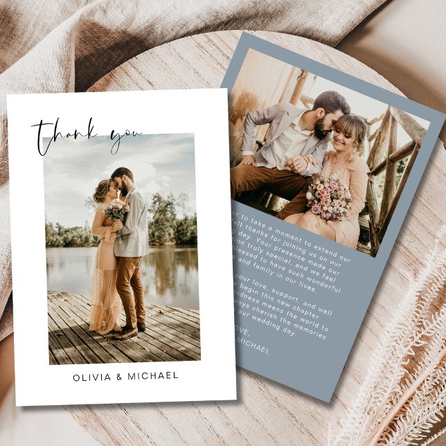 Dusty Blue Script Photo Wedding Thank You Card (Creator Uploaded)