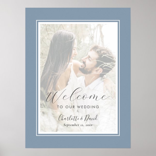 Dusty Blue Script Photo Welcome Sign (Front)