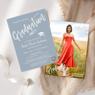 Dusty Blue Script QR Code Photo Graduation Party Invitation