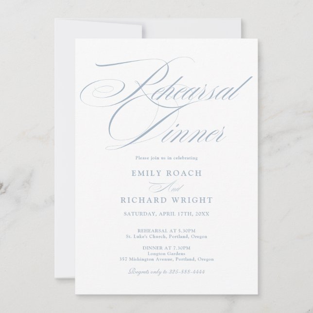 Dusty Blue Script Rehearsal Dinner Black And White Invitation (Front)