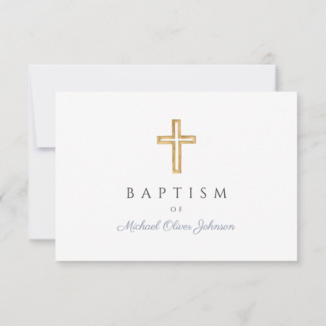 Dusty Blue Script Religious Cross Boy Baptism RSVP Card (Back)