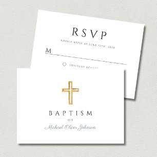 Dusty Blue Script Religious Cross Boy Baptism RSVP Card