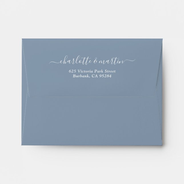 Dusty Blue Script Return Address Wedding A2 Envelope (Back (Top Flap))