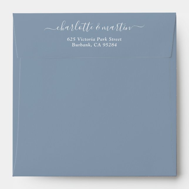 Dusty Blue Script Return Address Wedding Square Envelope (Back (Top Flap))