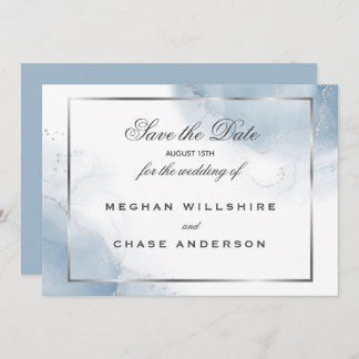 Dusty Blue Script Silver Save the Date Invitation