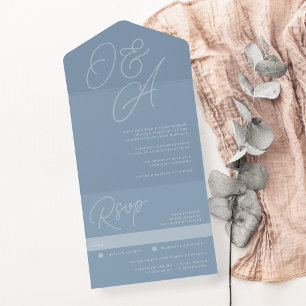 Dusty Blue Script Watermark Monogram Wedding All In One Invitation