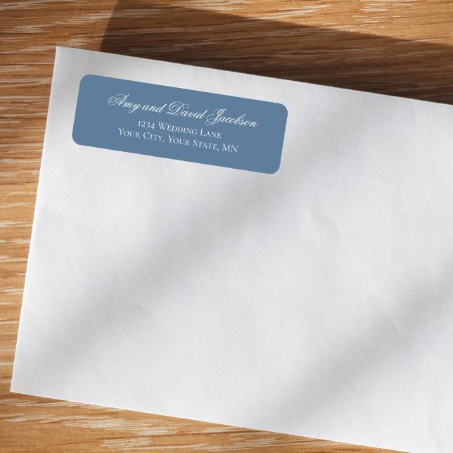 Dusty Blue Script Wedding Return Address Label (Elegant dusty blue return address label on kraft envelope with white script names)