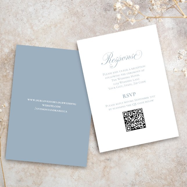 Dusty Blue Script Wedding RSVP QR Code Enclosure Card (Dusty blue QR code RSVP card with elegant calligraphy wedding design)