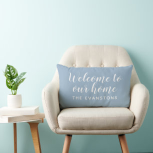 Dusty Blue Script Welcome to Our Home Lumbar Cushion