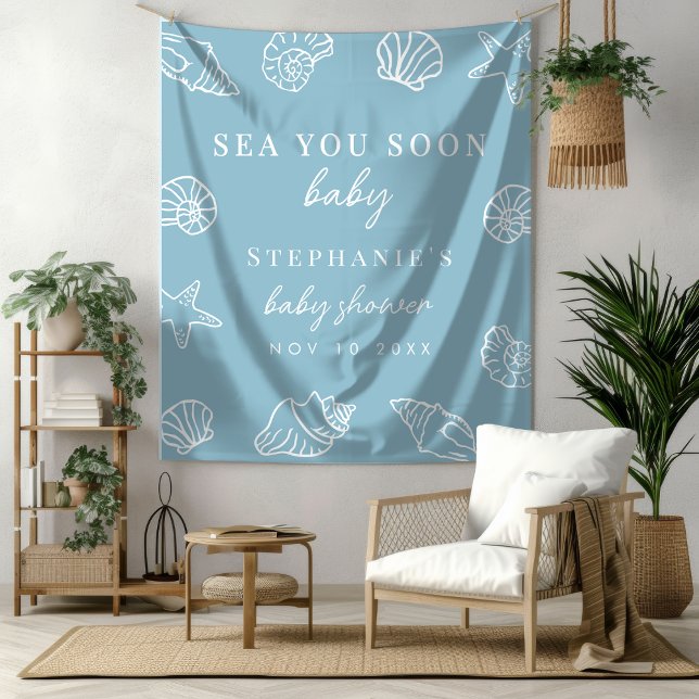 Dusty Blue Sea You Soon Beach Baby Shower Backdrop Tapestry (Creator Uploaded)