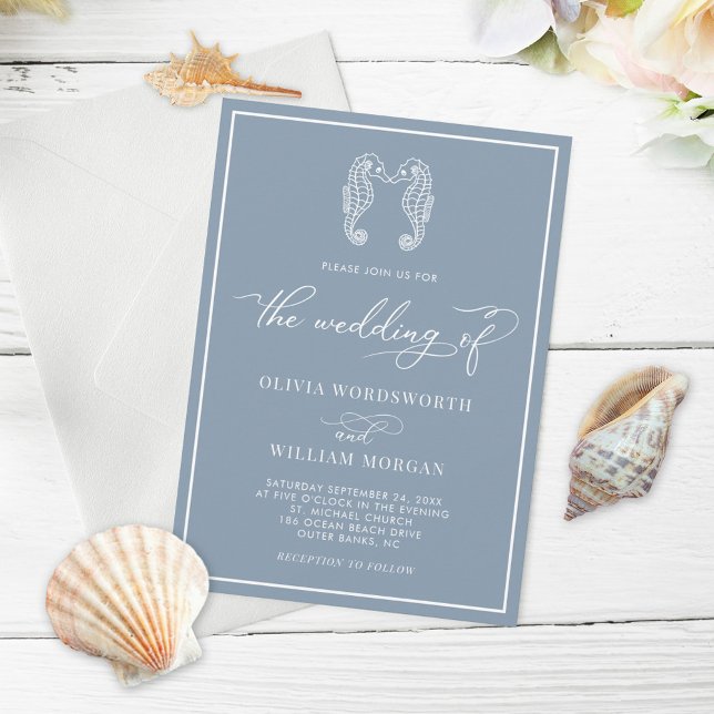 Dusty Blue Seahorse Coastal Beach Script Wedding Invitation (Creator Uploaded)