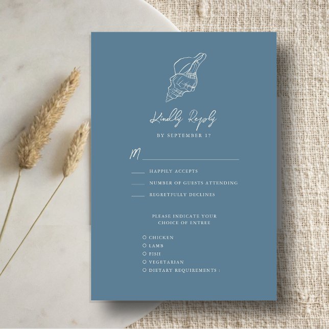 Dusty Blue Seashell Beach Destination Wedding RSVP Card (Creator Uploaded)