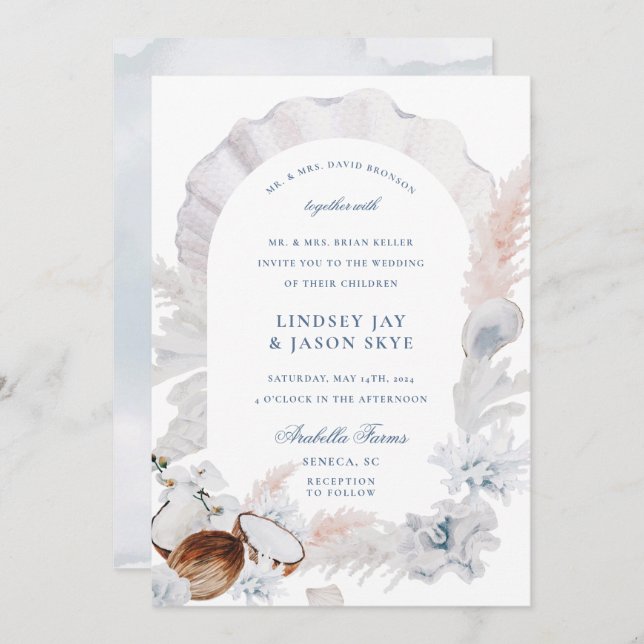 Dusty Blue Seashell Pampas Beach Arch Wedding Invitation (Front/Back)