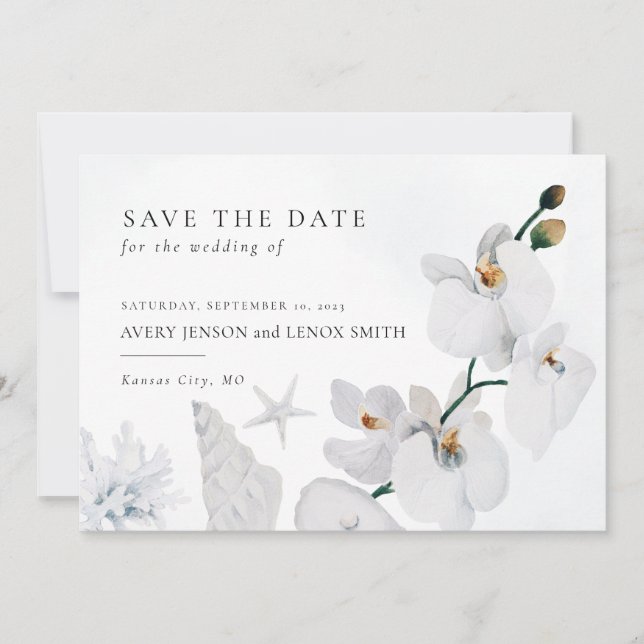Dusty Blue Seashell White Orchid Beach  Save The Date (Front)