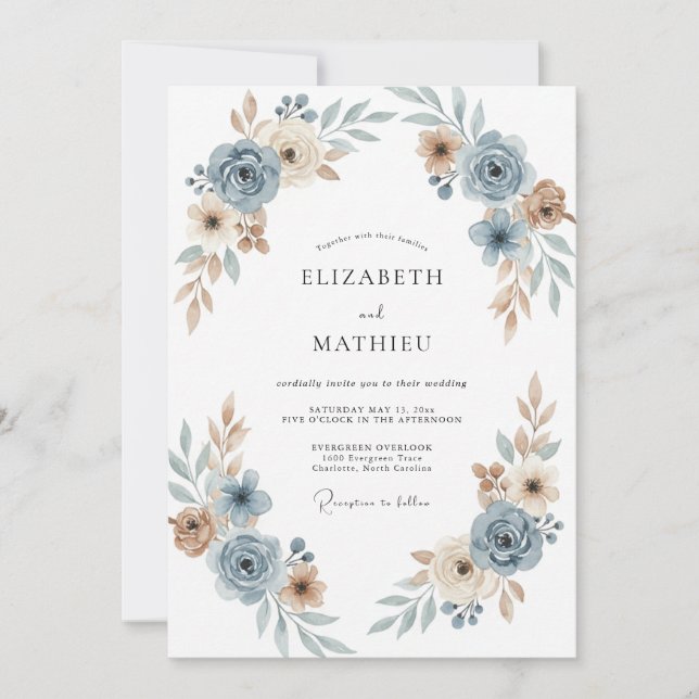 Dusty Blue Serene Floral Wedding Invitation (Front)