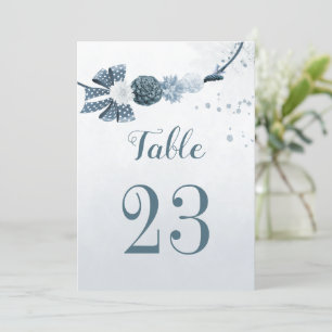 dusty blue shades flowers botanical table number