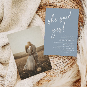 Dusty Blue She Said Yes Bridal Shower Photo Invitation