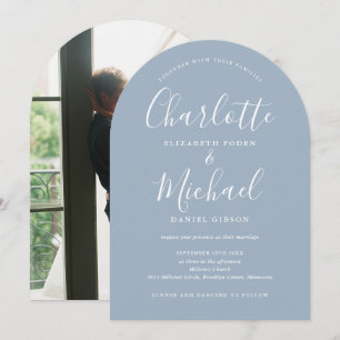Dusty Blue Signature Script Photo Arch Wedding Invitation