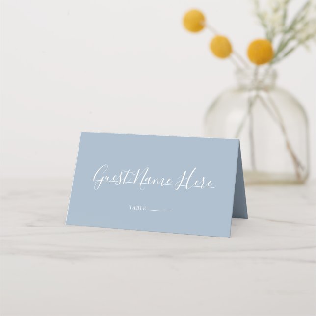 Dusty Blue Signature Script Wedding Place Card (Front)