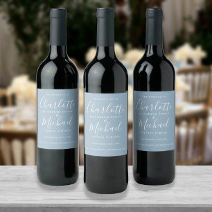 Dusty Blue Signature Script Wedding Wine Label